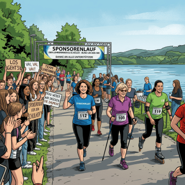 Group of runners and supporters at a school charity run event by a lakeside path