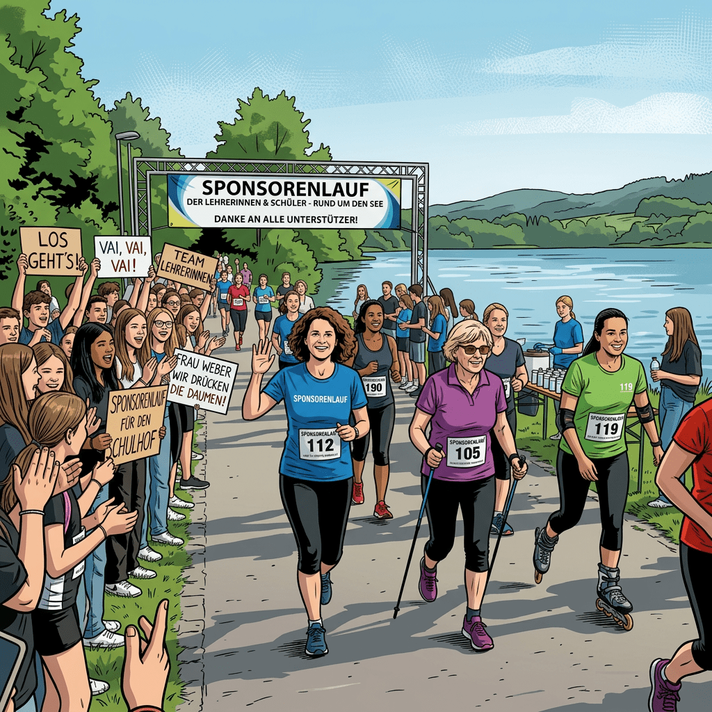 Group of runners and supporters at a school charity run event by a lakeside path