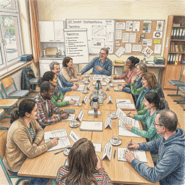 Educators participating in a collaborative planning meeting around a table
