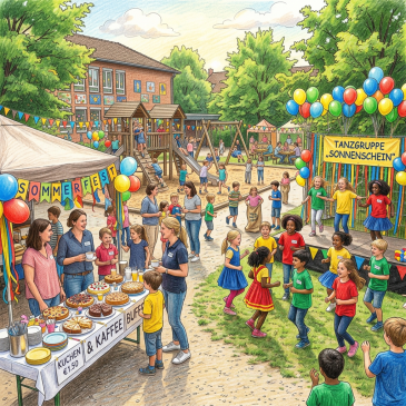 Children and families celebrate at a colorful summer festival with dancing and games